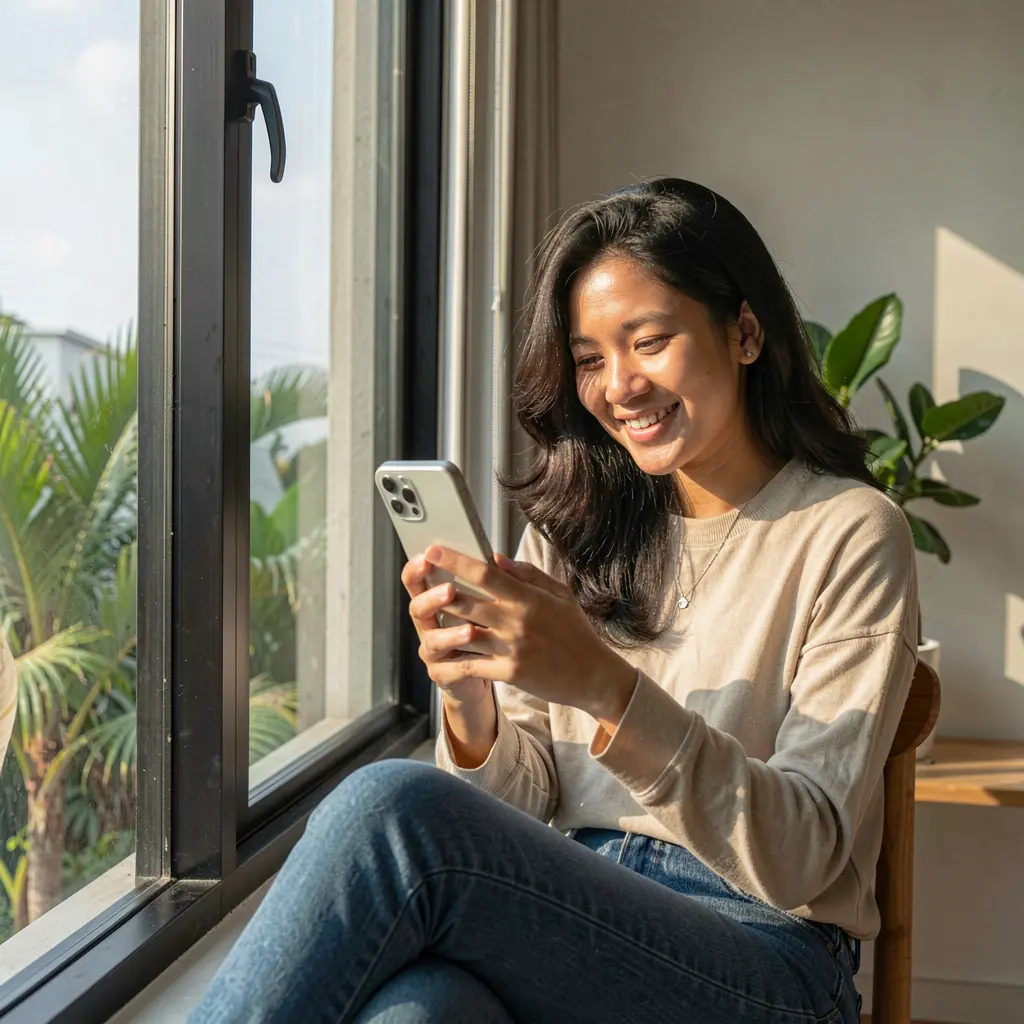 Filipino woman smiling while browsing the VIPOK77 mobile casino app on her smartphone near a sunny window