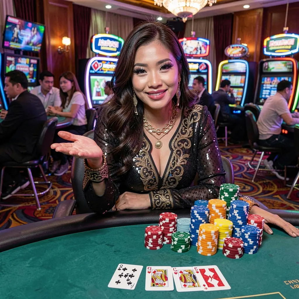Kumpiyansang babaeng Pilipino na nakangiti habang naglalaro ng makukulay na makinang slot sa isang modernong atmospera ng casino sa VIPOK77 sa Pilipinas VIPOK77 – Tangkilikin ang premium na live na libangan sa casino na idinisenyo para sa mga manlalarong Pilipino