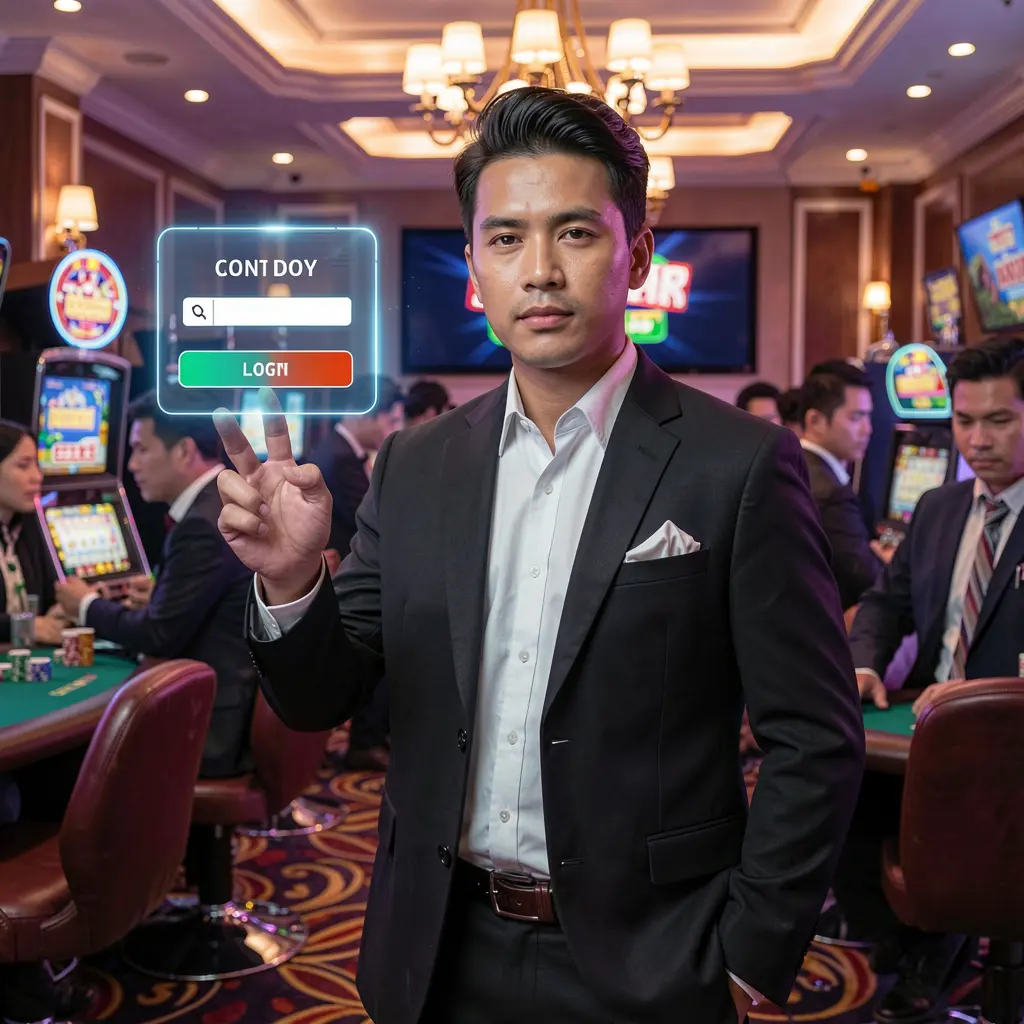 VIPOK77 Login – Enter the world of online casino entertainment in the Philippines Confident Filipino casino dealer pointing at a floating holographic login button inside a vibrant VIPOK77 casino atmosphere
