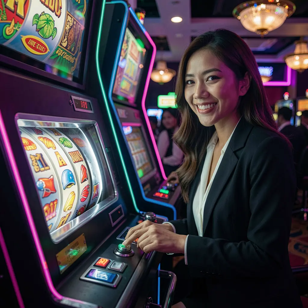 VIPOK77 – Enjoy premium online casino slots designed for players in the Philippines Confident Filipino woman smiling while playing vibrant slot machines in a modern casino atmosphere at VIPOK77 in the Philippines